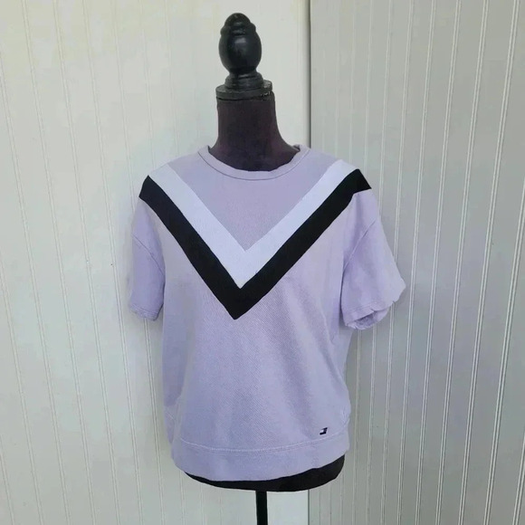 Tommy Hilfiger Women's Short-Sleeve Chevron-Stripe Top Lavender Purple Sz M - Picture 1 of 11